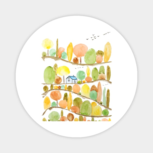 autumn trees and  landscape watercolor Magnet by colorandcolor